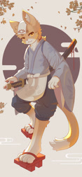 Size: 1800x3846 | Tagged: safe, artist:prop, felid, mammal, anthro, boy, cub, male, plantigrade, solo boy, solo cub, solo male, young, clothing, fur, kemono, kemoshota, kimono, solo, toe claws, wood sandals