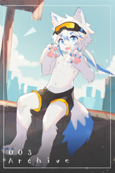 Size: 587x880 | Tagged: safe, artist:astorbt, oc:wavekirio, canid, mammal, anthro, boy, cub, male, solo boy, solo cub, solo male, young, blue eyes, blue hair, clothing, fang, fur, goggles, goggles on head, gray fur, hair, hair highlights, kemono, kemoshota, looking at you, navel, nipples, outdoors, pawpads, paws, smiling, solo, teeth, topless, white fur