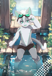 Size: 600x880 | Tagged: safe, artist:astorbt, cat, felid, mammal, boy, cub, male, solo boy, solo cub, solo male, young, clothing, fur, goggles, goggles on head, kemono, kemoshota, looking at you, nipples, partially submerged, smiling, solo, spats, topless