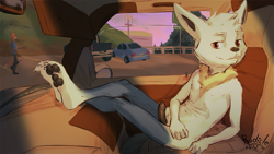 Size: 991x558 | Tagged: suggestive, artist:rodicle, oc:pascal (maze bunny), eevee, pokemon (species), adult, adult/cub, adult/young, anthro, boy, cub, male, solo boy, solo cub, solo male, young, pokémon, alternate version, age difference, alternate color, black penis, car, erection, fur, looking at you, nipples, nudity, penis, solo, white fur