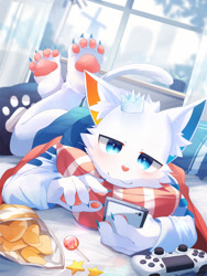 Size: 1350x1800 | Tagged: safe, artist:nekojita kagu, cat, felid, mammal, anthro, boy, cub, male, solo boy, solo cub, solo male, young, fur, kemono, kemoshota, pawpads, phone, solo, white fur