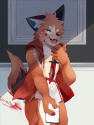 Size: 1200x1600 | Tagged: grimdark, artist:nekojita kagu, oc:nekojita, canid, fox, mammal, red fox, anthro, boy, cub, male, slender, solo boy, solo male, solo teen, teen, twink, young, black fur, blood, blushing, clothing, fur, kemono, kemoshota, knife, looking at you, orange fur, solo, topless, weapon, white fur