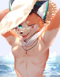 Size: 1400x1800 | Tagged: safe, artist:nekojita kagu, oc:nekojita, canid, fox, mammal, red fox, anthro, boy, cub, male, slender, solo boy, solo male, solo teen, teen, twink, young, digital, drying off, fur, kemono, kemoshota, looking at you, solo, tongue out, towel, wet fur, winking