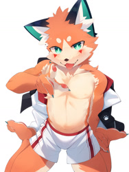 Size: 1080x1440 | Tagged: safe, artist:nekojita kagu, oc:nekojita, canid, fox, mammal, red fox, anthro, boy, cub, male, slender, solo boy, solo male, solo teen, teen, twink, young, black fur, blep, blushing, clothing, fur, kemono, kemoshota, looking at you, nipples, orange fur, pecs, solo, tongue out, topless, white fur