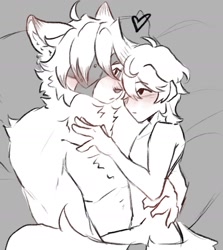 Size: 1376x1544 | Tagged: safe, artist:hikaruwu, von lycaon, wise, canid, human, mammal, wolf, adult, adult/kid, adult/young, anthro, anthro/anthro, boy, male, male/male, males only, man, man/boy, young, zenless zone zero, digital, sketch, age difference, bed, blushing, cuddling, duo, fur, harness, heart, kemono, nudity, shotacon