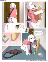 Size: 680x880 | Tagged: safe, artist:sethiova, jasper, dog, labrador, anthro, boy, chibi, male, solo boy, solo male, solo teen, teen, young, comic:dogs play, family guy, butt, dialogue, earring, english text, fur, solo