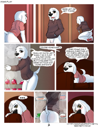 Size: 849x1099 | Tagged: safe, artist:sethiova, brian griffin, jasper, canid, dog, labrador, mammal, anthro, boy, boys only, chibi, male, males only, teen, teens only, young, comic:dogs play, family guy, blushing, butt, comic, dialogue, duo, earring, english text, fur, solo, white fur