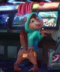 Size: 3200x3840 | Tagged: safe, artist:neko-me, artist:vest, collaboration, oc:jordan chipmunk, chipmunk, mammal, rodent, anthro, boy, chibi, male, solo boy, solo male, solo teen, teen, young, series:jordan's arcade fun, digital, arcade, arcade machine, backpack, bottomless, brown fur, butt, clothing, fur, game console, green eyes, hoodie, looking at you, looking back, looking back at you, looking over shoulder, presenting, public, public nudity, solo