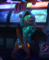 Size: 3200x3840 | Tagged: safe, artist:neko-me, artist:vest, collaboration, oc:jordan chipmunk, chipmunk, mammal, rodent, anthro, boy, chibi, male, solo boy, solo male, solo teen, teen, young, series:jordan's arcade fun, digital, arcade, arcade machine, backpack, bottomless, brown fur, butt, clothing, fur, game console, green eyes, hoodie, looking at you, looking back, looking back at you, looking over shoulder, presenting, public, public nudity, solo