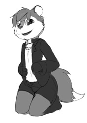 Size: 684x966 | Tagged: safe, artist:sethiova, chipmunk, mammal, rodent, anthro, boy, cub, male, solo boy, solo cub, solo male, young, grayscale, sketch, bulge, dipstick tail, fur, hair, looking at you, open mouth, shorts, smiling, solo, tail