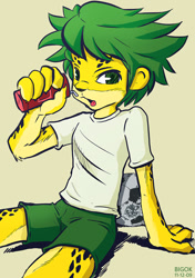Size: 600x850 | Tagged: safe, artist:bigok, zakumi, big cat, felid, leopard, mammal, anthro, boy, male, slender, solo boy, solo male, solo teen, teen, twink, young, fifa, mascot, 2009, clothing, drinking, fur, looking at you, shorts, soccer ball, solo, yellow fur