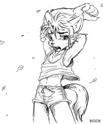 Size: 640x768 | Tagged: safe, artist:bigok, cat, equine, felid, hybrid, mammal, unicorn, anthro, boy, cub, male, solo boy, solo cub, solo male, young, sketch, belly, clothing, fur, hair, horn, midriff peek, navel, open mouth, shorts, solo, stretching, tail, yawning