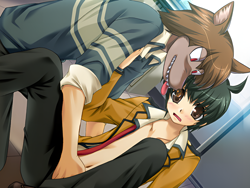 Size: 1600x1200 | Tagged: suggestive, artist:hinoue itaru, canid, human, mammal, werewolf, wolf, adult, adult/kid, adult/young, anthro, anthro/human, boy, male, male/male, males only, man, man/boy, young, ai enhanced, age difference, blushing, brown fur, clothing, duo, fur, kemono, navel, open shirt, sharp teeth, shotacon, teeth, tongue out
