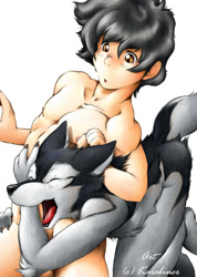Size: 1065x1500 | Tagged: safe, artist:karabiner, canid, human, mammal, anthro, anthro/human, cub, kid, male, males only, young, digital, blushing, duo, eyes closed, fang, fur, hug, kemono, kemoshota, nipples, nudity, open mouth, shotacon, smiling, tackling, teeth
