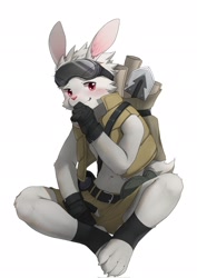 Size: 1448x2048 | Tagged: safe, artist:timothy_furry, lagomorph, mammal, rabbit, anthro, boy, cub, male, solo boy, solo cub, solo male, young, backpack, blushing, clothing, fur, goggles, goggles on head, kemono, kemoshota, open vest, shorts, solo, toeless socks, vest, whiskers, white fur