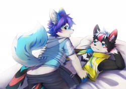 Size: 2048x1448 | Tagged: safe, artist:timothy_furry, canid, mammal, anthro, anthro/anthro, boy, boy/boy, cub, male, male/male, solo boy, solo cub, solo male, teen/teen, young, young/young, bed, blue eyes, blushing, briefs, clothing, cyan fur, duo, fur, hair, kemono, kemoshota, lying, on back, on bed, open vest, tail, underwear, white fur