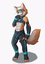 Size: 1448x2048 | Tagged: safe, artist:timothy_furry, canid, mammal, anthro, boy, cub, male, slender, solo boy, solo male, solo teen, teen, twink, young, abs, fur, goggles, goggles over eyes, gun, kemono, kemoshota, latex, pistol, solo, tail, tan fur, weapon, white fur