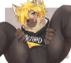 Size: 1994x1768 | Tagged: safe, artist:kurono jetto, oc:rareel, hyaenid, hyena, mammal, spotted hyena, anthro, boy, cub, male, solo boy, solo male, solo teen, teen, young, blue eyes, clothing, hoodie, kemono, kemoshota, licking lips, solo, sweat