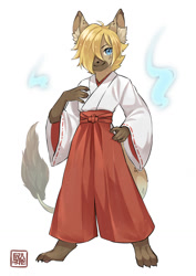 Size: 905x1280 | Tagged: safe, artist:kawarage_yatano, oc:rareel, hyaenid, hyena, mammal, spotted hyena, anthro, boy, cub, male, solo boy, solo cub, solo male, young, blue eyes, clothing, kemono, kemoshota, looking at you, magic, smiling, solo, tail