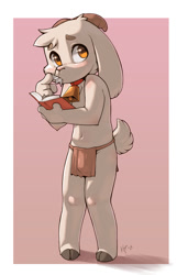 Size: 775x1200 | Tagged: safe, artist:ajin, oc:ramsay hornbrook, bovid, goat, mammal, ungulate, anthro, boy, cub, male, solo boy, solo cub, solo male, young, cel shaded, digital, amber eyes, bell, blushing, book, bulge, clothing, collar, eating, fur, loincloth, navel, solo, tail, topless, white fur