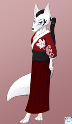 Size: 748x1280 | Tagged: safe, artist:maze bunny, oc:takeshi yuu, canid, fox, kitsune, mammal, anthro, boy, male, slender, solo boy, solo male, solo teen, teen, twink, young, pathfinder, clothing, crossdressing, fur, hair, kimono, ponytail, solo, white fur