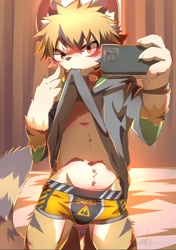 Size: 1682x2396 | Tagged: safe, artist:meowolf, ambiguous species, boy, cub, male, solo boy, solo cub, solo male, young, blonde hair, blushing, hair, kemono, kemoshota, looking at you, selfie, shirt in mouth, shirt lift, solo, undressing, undressing self