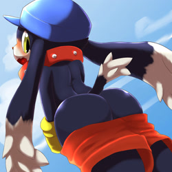 Size: 2500x2500 | Tagged: safe, artist:rainichi, klonoa, cat, felid, hybrid, lagomorph, mammal, rabbit, anthro, boy, cub, male, solo boy, solo cub, solo male, young, klonoa series, big butt, big collar, black fur, blushing, butt, clothing, cloud, collar, daytime, embarrassed, floppy ears, fluffy ears, fluffy tail, fur, gloves, hat, kemono, kemoshota, light, long ears, looking back, nudity, open mouth, outdoors, oversized collar, pants, shadow, short tail, shorts, sky, solo, standing, sunlight, tail, tongue, white fur