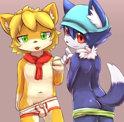 Size: 1540x1515 | Tagged: suggestive, artist:rainichi, canid, cat, felid, mammal, wolf, anthro, anthro/anthro, boy, boy/boy, cub, cub/cub, male, male/male, males only, young, young/young, blep, blonde hair, blue fur, blushing, boxer-briefs, briefs, bulge, butt, clothing, duo, fur, green eyes, hair, hat, kemono, kemoshota, looking at you, navel, red eyes, scarf, tan fur, tongue, tongue out, underwear, undressing, undressing self