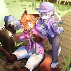 Size: 3900x3900 | Tagged: safe, artist:raizinndx, judy hopps, nick wilde, canid, fox, lagomorph, lapine, mammal, rabbit, red fox, anthro, anthro/anthro, boy, male, males only, slender, teen, twink, young, zootopia, colored, digital, ball cap, clenched teeth, duo, fur, gray fur, green eyes, hat, kemono, necktie, open shirt, orange fur, smiling, tail, teeth, violet eyes, wet