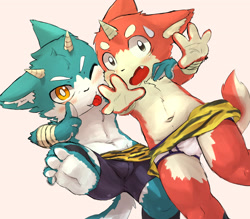 Size: 3887x3404 | Tagged: safe, artist:rainichi, anthro, anthro/anthro, boy, cub, male, males only, young, 4 fingers, 4 toes, accidental exposure, barefoot, blushing, briefs, bulge, clothing, duo, feet, fingers, horn, kemono, kemoshota, nudity, open mouth, paws, spats, toes, tongue, tongue out, underwear, underwear exposure