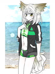 Size: 955x1300 | Tagged: safe, artist:okumura_momo, canid, dog, mammal, boy, cub, male, slender, solo boy, solo male, solo teen, teen, twink, young, series:juzan dogsled club, photo background, blushing, brown eyes, bulge, clothing, fur, hair, jacket, kemono, kemoshota, long hair, looking at you, open jacket, solo, spats, tail, white fur