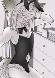 Size: 921x1300 | Tagged: safe, artist:okumura_momo, canid, dog, mammal, boy, cub, femboy, male, slender, solo boy, solo male, solo teen, teen, twink, young, limited palette, bedroom, braided hair, bulge, covering face, crossdressing, fake ears, fake rabbit ears, fur, hair, indoors, kemono, kemoshota, lingerie, long hair, navel, solo, teddy (clothing), white fur