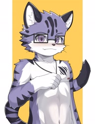 Size: 1575x2048 | Tagged: safe, artist:guran, felid, mammal, boy, cub, male, slender, solo boy, solo male, solo teen, teen, twink, young, black fur, clothing, fur, glasses, kemono, kemoshota, navel, nipples, purple eyes, purple fur, solo, stripes, topless