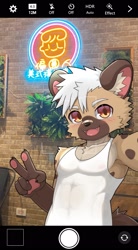 Size: 1127x2048 | Tagged: safe, artist:guran, oc:guran, hyaenid, hyena, mammal, spotted hyena, boy, cub, male, solo boy, solo male, solo teen, teen, twink, young, bandage on nose, blushing, brown eyes, brown fur, fang, fur, hair, kemono, kemoshota, selfie, smiling, solo, tan fur, teeth, white hair