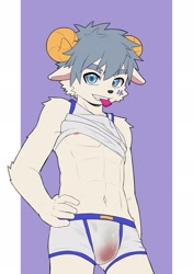 Size: 1443x2048 | Tagged: suggestive, artist:guran, bighorn sheep, bovid, mammal, sheep, anthro, boy, cub, male, slender, solo boy, solo male, solo teen, teen, twink, young, colored, flat colored, blue eyes, briefs, clothing, condom, detailed bulge, fur, gray hair, hair, hand on hip, horn, kemono, kemoshota, looking at you, nipples, smiling, solo, topless, underwear, wet, white fur