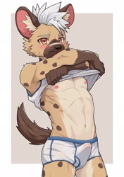 Size: 1443x2048 | Tagged: suggestive, artist:guran, oc:guran, hyaenid, hyena, mammal, spotted hyena, anthro, athletic, boy, cub, male, muscular, slender, solo boy, solo male, solo teen, teen, twink, young, abs, bandage, blushing, brown fur, clothing, erection, erection under clothing, fur, hair, kemono, kemoshota, nipples, precum, solo, sweat, tan fur, tank top, undressing, undressing self, wet, wet clothes
