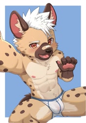 Size: 1443x2048 | Tagged: suggestive, artist:guran, oc:guran, hyaenid, hyena, mammal, spotted hyena, anthro, athletic, boy, cub, male, muscular, solo boy, solo male, solo teen, teen, twink, young, abs, bandage, blushing, brown fur, chest tuft, clothing, fur, hair, kemono, kemoshota, nipples, pawpads, pecs, selfie, solo, tan fur, topless, underwear