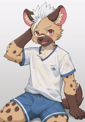 Size: 1442x2048 | Tagged: safe, artist:guran, oc:guran, hyaenid, hyena, mammal, spotted hyena, anthro, boy, cub, male, solo boy, solo male, solo teen, teen, twink, young, athletic wear, bandage, blushing, brown fur, bulge, chest tuft, clothing, fur, hair, hand behind head, kemono, kemoshota, shorts, smiling, solo, sweat, tan fur, translucent shirt