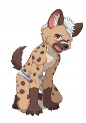 Size: 1443x2048 | Tagged: suggestive, artist:guran, oc:guran, hyaenid, hyena, mammal, spotted hyena, anthro, athletic, boy, cub, male, muscular, solo boy, solo male, solo teen, teen, twink, young, bandage, biceps, blushing, brown fur, clothing, fur, hair, kemono, kemoshota, on all fours, pecs, precum, precum through underwear, smiling, solo, tan fur, underwear, wet, wet clothes