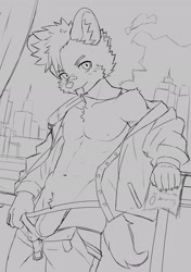 Size: 1442x2048 | Tagged: suggestive, artist:guran, hyaenid, hyena, mammal, anthro, athletic, boy, cub, male, muscular, slender, solo boy, solo male, solo teen, teen, twink, young, lines, monochrome, abs, bandage, bedroom eyes, blushing, bulge, chest tuft, clothing, jewelry, kemono, kemoshota, necklace, nipples, nudity, off shoulder, open shirt, pants, pecs, precum, solo, underwear, underwear pull, undressing, undressing self