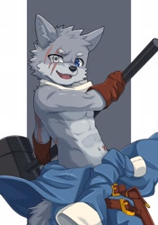 Size: 1442x2048 | Tagged: safe, artist:guran, canid, mammal, wolf, anthro, athletic, boy, cub, male, muscular, solo boy, solo male, solo teen, teen, young, abs, blue eyes, clothing, fur, gloves, gray eyes, gray fur, hair, hammer, heterochromia, kemono, kemoshota, looking at you, pants, pecs, posing, scar, scarf, smiling, solo, sweater around waist, topless, weapon