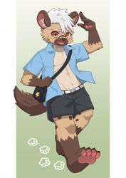 Size: 1448x2048 | Tagged: safe, artist:guran, oc:guran, hyaenid, hyena, mammal, spotted hyena, anthro, athletic, boy, cub, male, muscular, solo boy, solo male, solo teen, teen, twink, young, bandage, brown fur, clothing, fur, hair, kemono, kemoshota, looking at you, nipples, open shirt, paws, posing, red eyes, shorts, smiling, solo, standing
