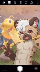 Size: 1127x2048 | Tagged: safe, artist:guran, oc:guran, hyaenid, hyena, mammal, spotted hyena, anthro, athletic, boy, cub, male, muscular, solo boy, solo male, solo teen, teen, twink, young, abs, bandage, brown fur, fur, hair, kemono, kemoshota, mobile phone, nipples, pecs, phone, posing, red eyes, selfie, smiling, solo, topless