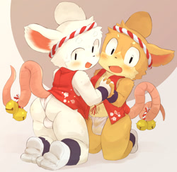 Size: 2733x2659 | Tagged: suggestive, artist:rainichi, mammal, murid, rat, rodent, anthro, anthro/anthro, boy, boys only, cub, cubs only, male, males only, young, bell, belly tuft, black eyes, blushing, butt, clothing, duo, eyebrows, fundoshi, fur, hand holding, kemono, kemoshota, kneeling, looking at you, looking back, looking back at you, looking over shoulder, navel, navel tuft, open mouth, rear view, socks, socks without shoes, sweat, translucent fundoshi, translucent underwear, underwear, white fur