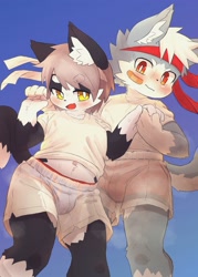 Size: 2591x3624 | Tagged: safe, artist:rainichi, canid, felid, mammal, wolf, anthro, anthro/anthro, boy, boys only, cub, cubs only, male, males only, young, 4 fingers, bandage, belly tuft, black fur, blushing, boxer-briefs, briefs, cheek tuft, clothing, dipstick tail, duo, eyebrows, feet, fingers, flustered, fully clothed, fur, glove markings, gray fur, hachimaki, hair, hand holding, japanese clothing, kemono, kemoshota, kerchief, legs up, looking at another, looking at each other, narrowed eyes, navel, navel tuft, open mouth, paws, pupils, red eyes, shorts, socks markings, steam, tail, translucent shorts, underwear, white fur, yellow eyes