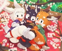 Size: 2442x2006 | Tagged: suggestive, artist:rainichi, lagomorph, mammal, rabbit, anthro, boy, boys only, cub, cubs only, male, male/male, males only, young, amber eyes, balls, blushing, butt, cheek tuft, chest tuft, clothing, eyebrows, frotting, fundoshi, fur, furgonomics, group, hair, hand holding, hotdogging, hug, kemono, kemoshota, lying, narrowed eyes, on side, open mouth, orange fur, petals, pupils, purple eyes, purple fur, river, robe, rock, socks, socks without shoes, sweat, tail, teal eyes, tears, trio, underwear, white fur