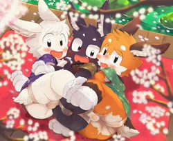 Size: 2442x2006 | Tagged: suggestive, artist:rainichi, lagomorph, mammal, rabbit, anthro, boy, boys only, cub, cubs only, male, male/male, males only, young, amber eyes, balls, blushing, butt, cheek tuft, chest tuft, clothing, eyebrows, frotting, fur, furgonomics, group, hair, hand holding, hotdogging, hug, kemono, kemoshota, lying, narrowed eyes, on side, open mouth, orange fur, petals, pupils, purple eyes, purple fur, rear view, river, robe, rock, socks, socks without shoes, sweat, tail, teal eyes, tears, trio, underwear, white fur