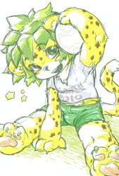 Size: 828x1224 | Tagged: safe, artist:kiw, zakumi, big cat, felid, leopard, mammal, anthro, boy, cub, male, young, fifa, mascot, ball, bulge, green eyes, hair, kemono, kemoshota, soccer, soccer ball, solo, sports, tail
