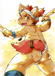 Size: 660x908 | Tagged: suggestive, artist:kiw, canid, dog, mammal, anthro, boy, chubby, cub, male, solo boy, solo cub, solo male, young, butt, clothing, fundoshi, kemono, kemoshota, looking at you, looking back, looking back at you, looking over shoulder, nudity, percussion mallet, solo, underwear
