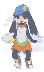 Size: 680x1111 | Tagged: safe, artist:seuppi, klonoa, cat, hybrid, lagomorph, mammal, rabbit, anthro, boy, cub, male, solo boy, solo cub, solo male, young, klonoa series, belt, black fur, blushing, boots, clothing, collar, floppy ear, fur, gloves, kemono, kemoshota, long ears, low-riding, narrowed eyes, navel, one glove, shoes, shorts, sitting, solo, sweat, white fur